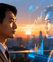 商务人士与虚拟数据人像对视2722#横屏 