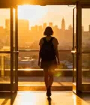  女孩逆光走出玻璃门望向城市552#横屏 	 
