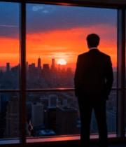 商务人士眺望城市日落景观3017#横屏 