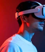  男子佩戴眼镜体验虚拟现实(1)1919#横屏 	 