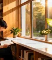  男子图书馆窗边安静阅读2159#横屏 	 