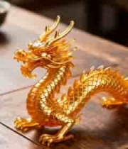  木质桌面上的金色龙形摆件623#横屏 	 