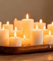  木盘上燃烧的多支蜡烛387#横屏 	 