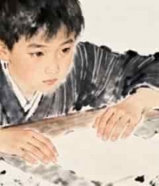  男孩专注书写毛笔字1340#横屏 	 