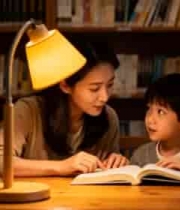  母亲陪伴孩子看书的温馨场景212#横屏 	 