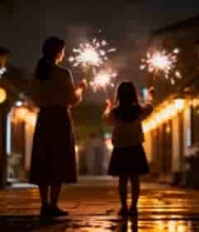  母女古街手持烟花同框画面696#横屏 	 