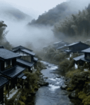 山间村落溪流竹林雾景3311#横屏 