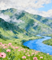 山间河流旁的花卉自然风光5513#横屏 