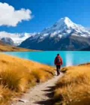  旅行者漫步雪山湖畔小道2254#横屏 	 