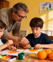  老人指导儿童进行绘画创作2539#横屏 	 