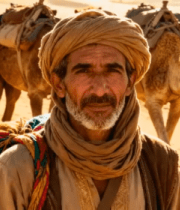 沙漠中牵骆驼的阿拉伯老人4864#横屏 