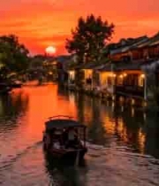  江南水乡日落时河道行船景象592#横屏 	 - 