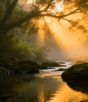 森林溪流阳光洒落景象2864#横屏 
