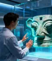  科研人员观察三星堆青铜面具324#横屏 	 