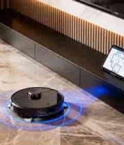  客厅中运行的智能扫地机器人874#横屏 	 