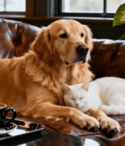 沙发上猫咪与金毛犬相伴休息344#横屏 