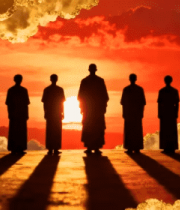 僧人于夕阳下站立的剪影画面5157#横屏 