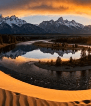 沙漠河流雪山日落自然风光3246#横屏 