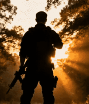 森林中持枪士兵逆光身影4435#横屏 