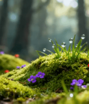 森林中苔藓上的蘑菇与小花5271#横屏 