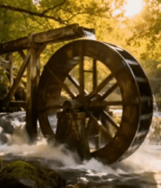 森林中溪流旁的木质水车5432#横屏 