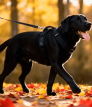 人秋日林间遛黑色拉布拉多犬2529#横屏 