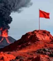  火山喷发时山顶红旗飘扬景象1251#横屏 	 