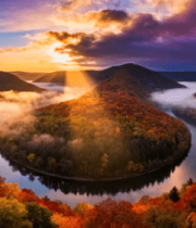 秋季山林河流日出全景1808#横屏 