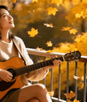 女子秋日阳台弹吉他2138#横屏 