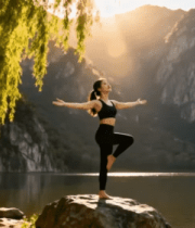 女子户外山水间做瑜伽248#横屏 