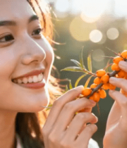 女子手持沙棘果特写2741#横屏 