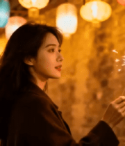 女子手持仙女棒于灯笼下3088#横屏 