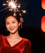 女子手持烟花身旁红灯笼3521#横屏 