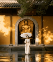 女子持伞于古建筑前站立482#横屏 