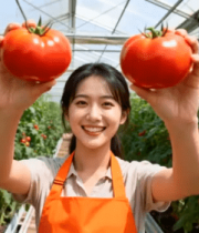 女子大棚内手持西红柿素材1593#横屏 