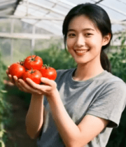 女子温室手持西红柿3436#横屏 