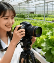 女子在温室用相机拍摄蔬菜5010#横屏 