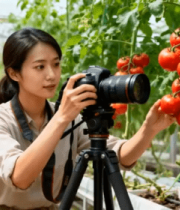 女性大棚内拍摄西红柿素材2907#横屏 