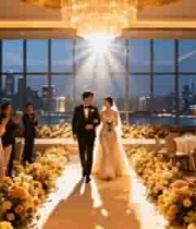  婚礼现场新人携手走过宾客940#横屏 	 