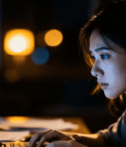 女性夜晚在家使用笔记本电脑5050#横屏 