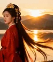  湖畔古装女子夕阳下侧立689#横屏 	 