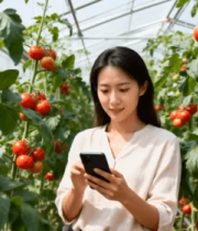 女性在大棚内用手机查看西红柿160#横屏 