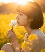 女孩于油菜花田闻花3120#横屏 