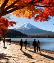  湖畔赏秋景人群与富士山风光1533#横屏 	 