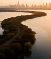  湖畔公路日落全景素材1028#横屏 	 