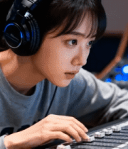 女孩在录音棚操作调音台1853#横屏 