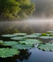  湖面荷叶晨雾自然风光397#横屏 	 