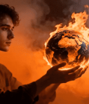 男子双手托举燃烧地球2723#横屏 