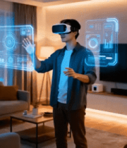 男子在家中体验虚拟现实交互2154#横屏 