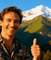 男子于雪山前竖大拇指2702#横屏 